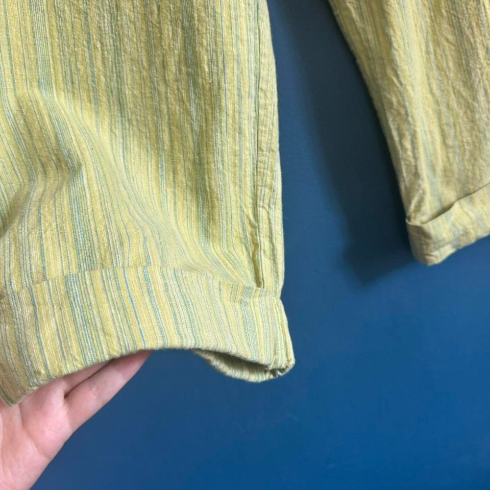 Y2K Linen Blend Pants Women's Size Small Hot Cotton Striped Green Yellow Cropped - Picture 4 of 8